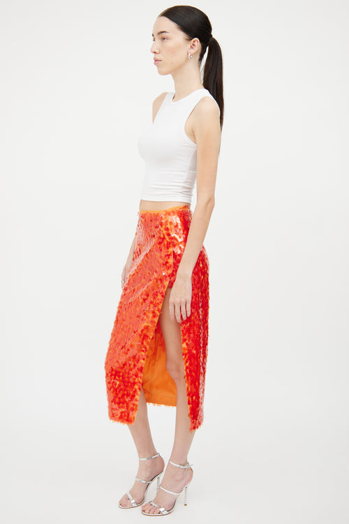 Rotate Orange Sequin Petal Slit Midi Skirt