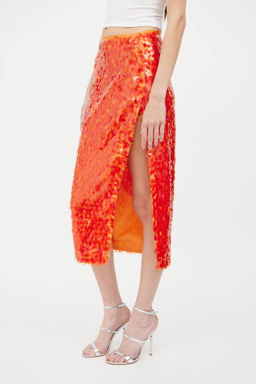 Rotate Orange Sequin Petal Slit Midi Skirt