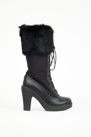 Rudsak Black Leather & Fur Lace Up Heeled Boot