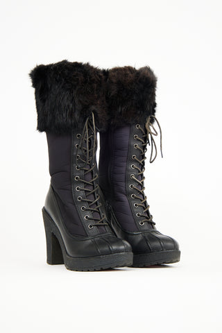 Rudsak Black Leather & Fur Lace Up Heeled Boot