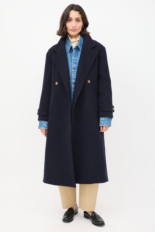 Rue De Tokyo Navy Wool Claudia Belted Long Coat