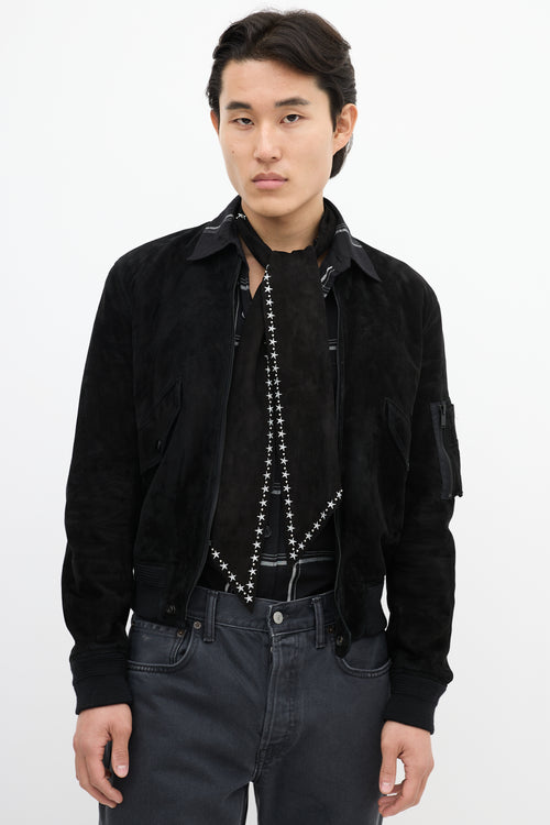 Saint Laurent Black Suede & Silver Embroidered Star Cravat Scarf