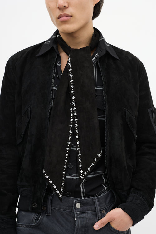 Saint Laurent Black Suede & Silver Embroidered Star Cravat Scarf