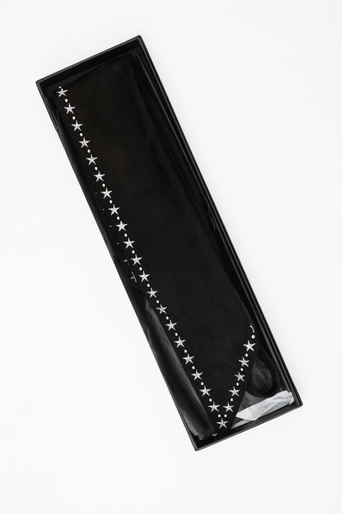 Saint Laurent Black Suede & Silver Embroidered Star Cravat Scarf