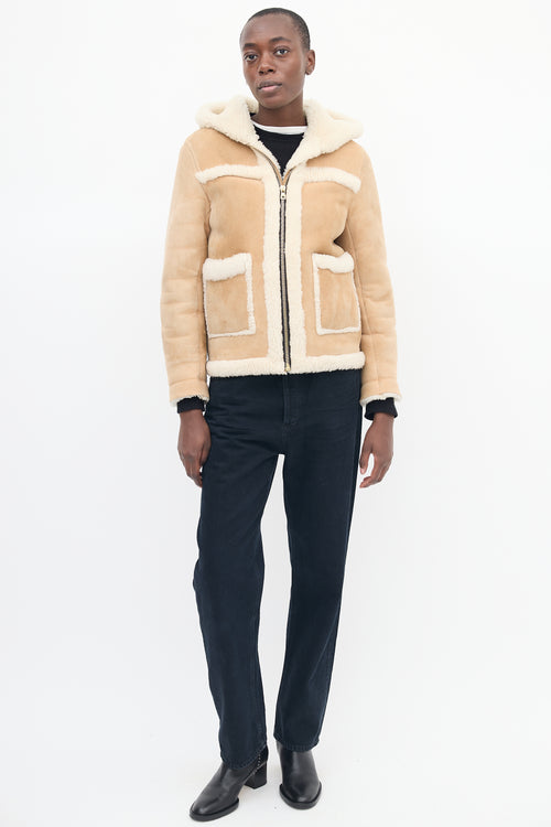 Sandro Brown & Beige Shearling Hooded Jacket