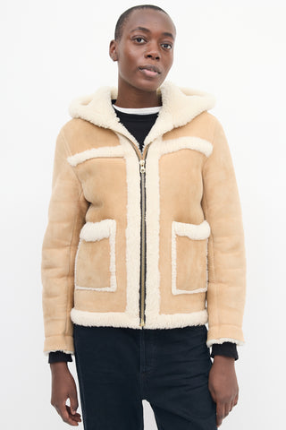 Sandro Brown & Beige Shearling Hooded Jacket