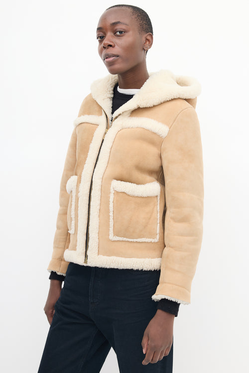 Sandro Brown & Beige Shearling Hooded Jacket