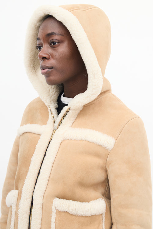 Sandro Brown & Beige Shearling Hooded Jacket