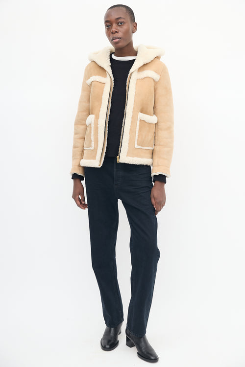 Sandro Brown & Beige Shearling Hooded Jacket