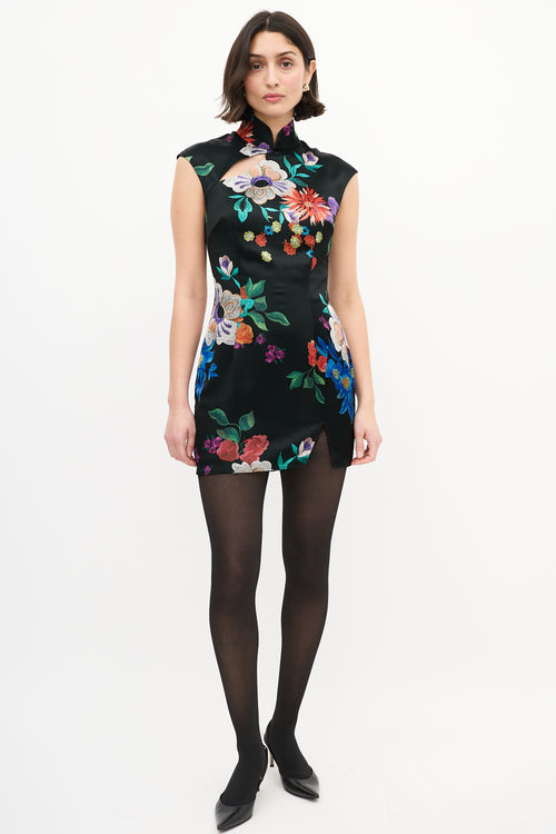 Sau Lee Black & Multi Satin Floral Devon Mini Dress