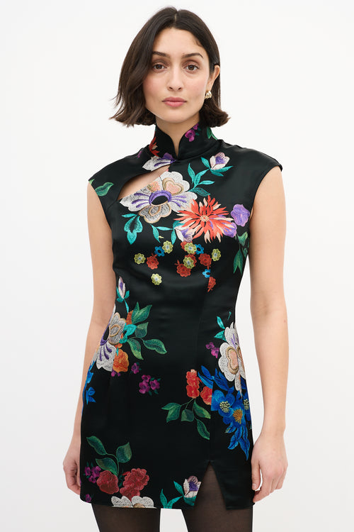 Sau Lee Black & Multi Satin Floral Devon Mini Dress