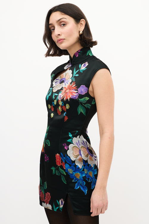 Sau Lee Black & Multi Satin Floral Devon Mini Dress