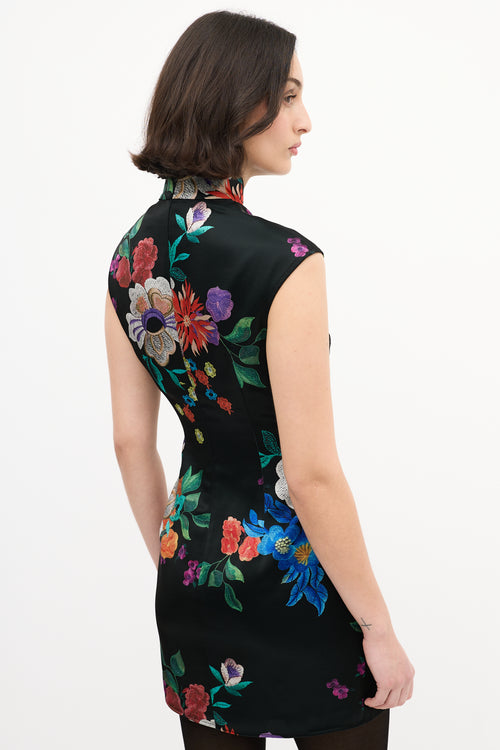 Sau Lee Black & Multi Satin Floral Devon Mini Dress