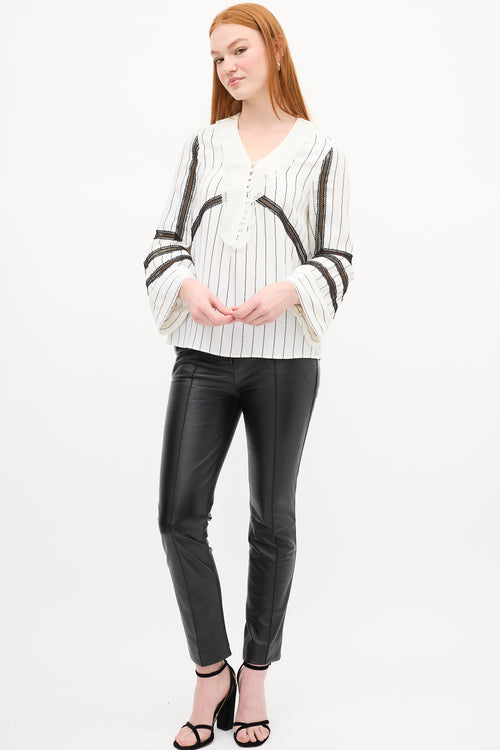 Self-Portrait White & Black Striped Lace Blouse