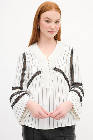 Self-Portrait White & Black Striped Lace Blouse