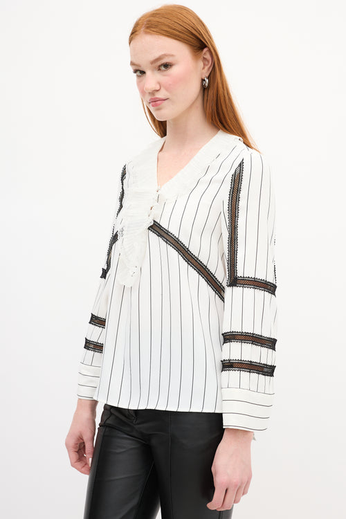 Self-Portrait White & Black Striped Lace Blouse