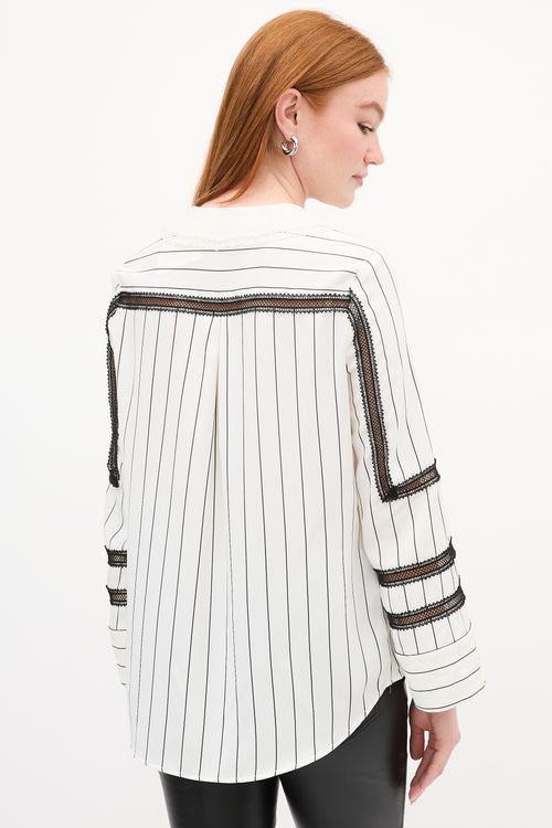 Self-Portrait White & Black Striped Lace Blouse