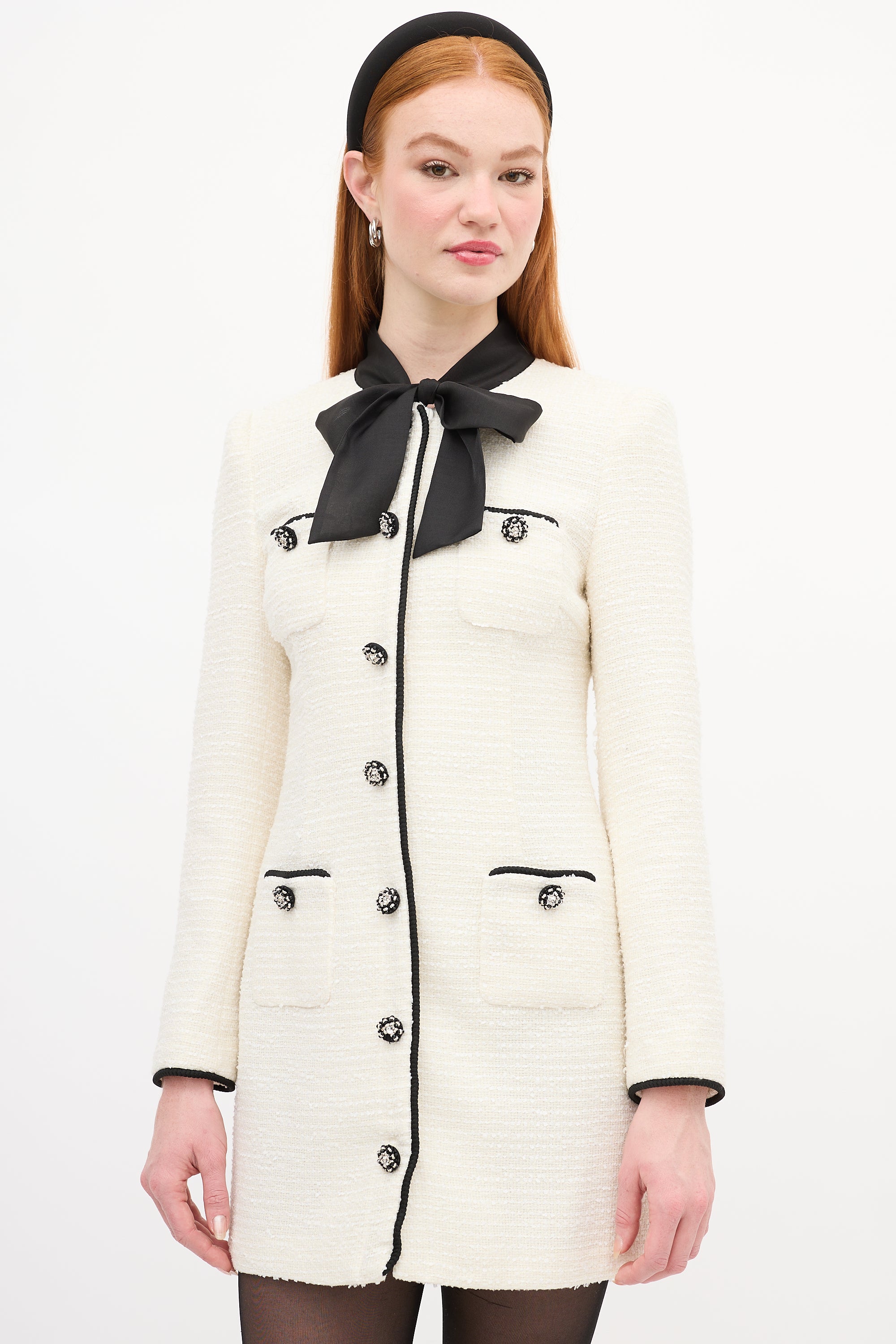 Self-Portrait // Cream & Black Boucle Tweed Bow Dress VSP Consignment Self-Portrait // Cream & Black Boucle Tweed Bow Dress VSP Consignment