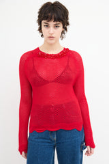 Simone Rocha Red Wool Knit Mesh Embellished  Sweater