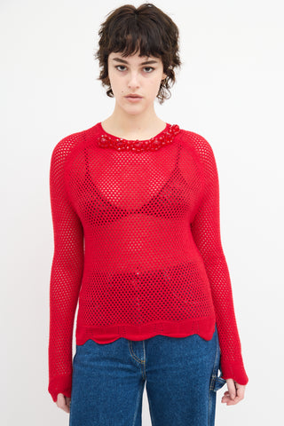 Simone Rocha Red Wool Knit Mesh Embellished  Sweater