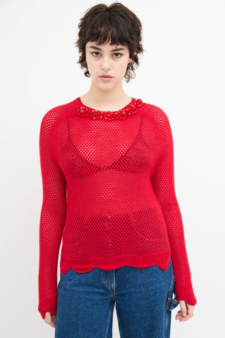 Simone Rocha Red Wool Knit Mesh Embellished  Sweater