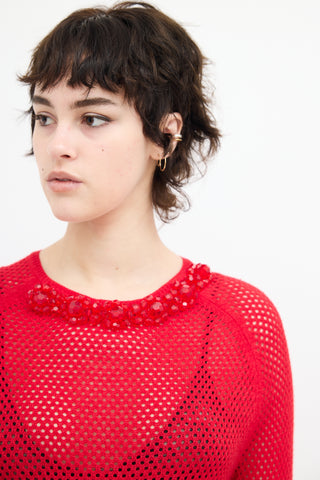 Simone Rocha Red Wool Knit Mesh Embellished  Sweater