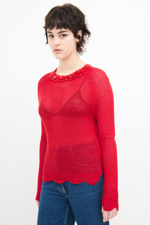 Simone Rocha Red Wool Knit Mesh Embellished  Sweater