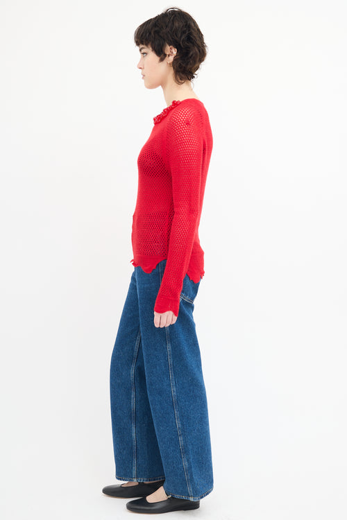 Simone Rocha Red Wool Knit Mesh Embellished  Sweater