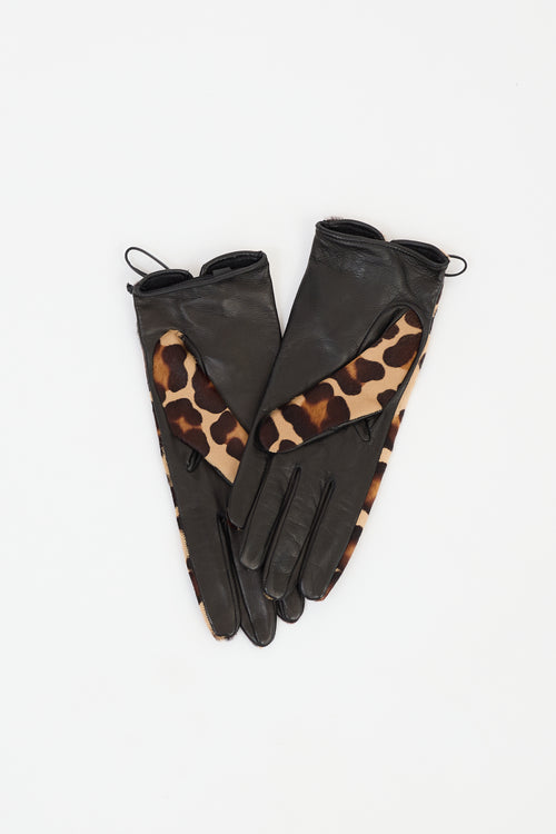 Emilio Pucci Brown & Black Leather & Textured Hair Gloves