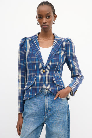 Smythe Blue Cotton Plaid Pouf Sleeve Blazer