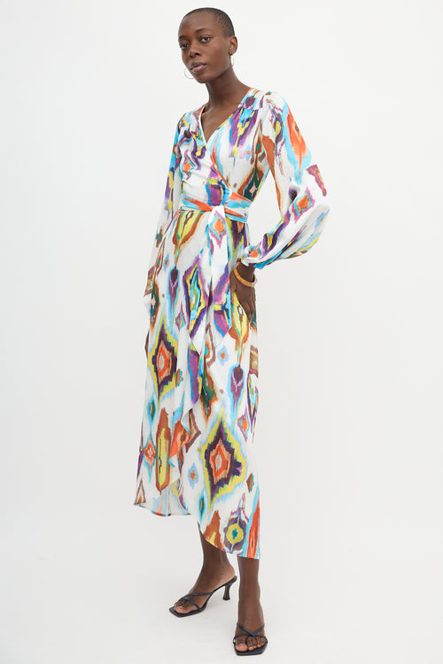 Smythe Satin Ikat Print Wrap Dress