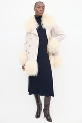 Sonia Rykiel Beige Wool & Fur Trim Mid Length Coat