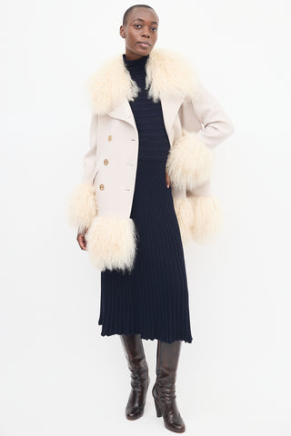 Sonia Rykiel Beige Wool & Fur Trim Mid Length Coat