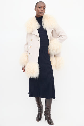Sonia Rykiel Beige Wool & Fur Trim Mid Length Coat