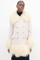 Sonia Rykiel Beige Wool & Fur Trim Mid Length Coat