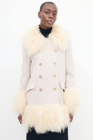 Sonia Rykiel Beige Wool & Fur Trim Mid Length Coat