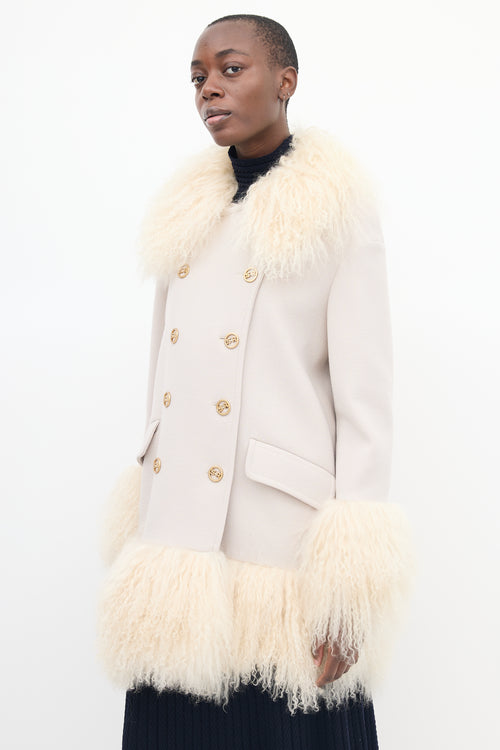 Sonia Rykiel Beige Wool & Fur Trim Mid Length Coat