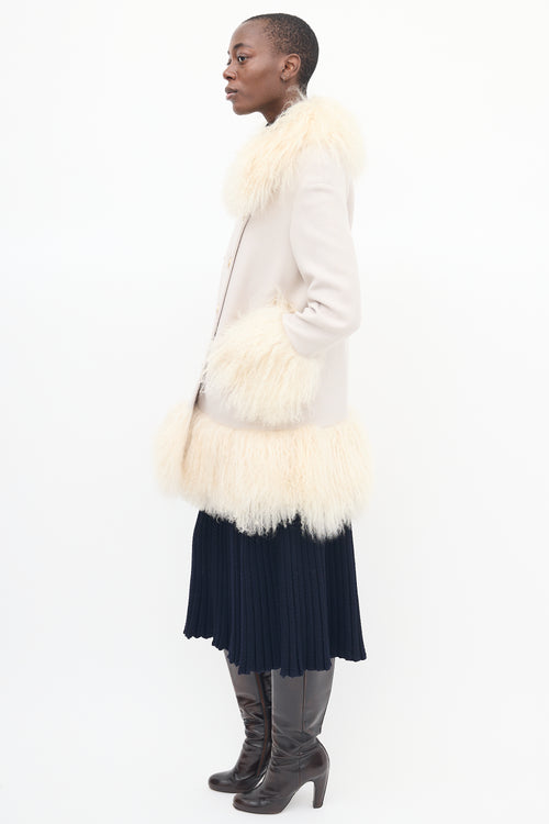Sonia Rykiel Beige Wool & Fur Trim Mid Length Coat