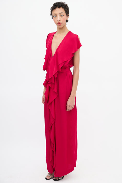 Stella McCartney Red Satin Ruffle Faux Wrap Dress