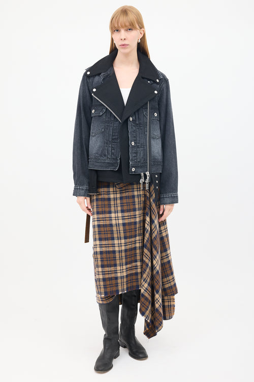 Sacai Black Cotton & Wool Layered Moto Denim Jacket