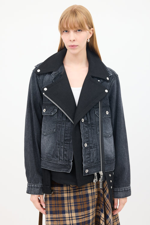 Sacai Black Cotton & Wool Layered Moto Denim Jacket