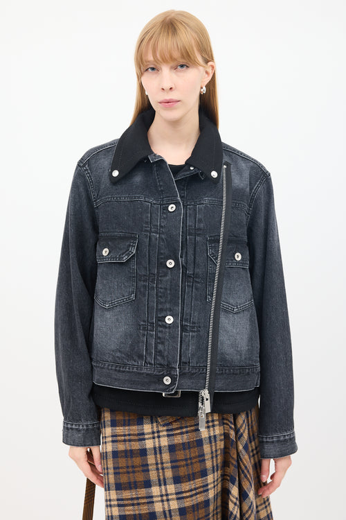 Sacai Black Cotton & Wool Layered Moto Denim Jacket