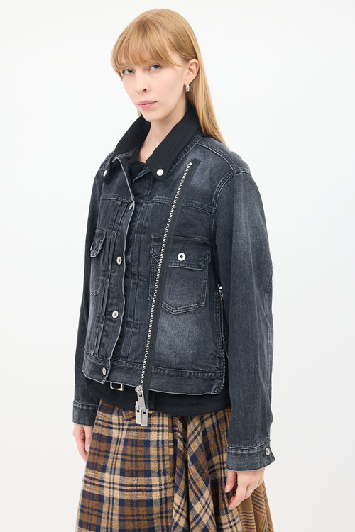 Sacai Black Cotton & Wool Layered Moto Denim Jacket