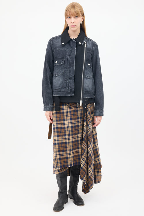 Sacai Black Cotton & Wool Layered Moto Denim Jacket