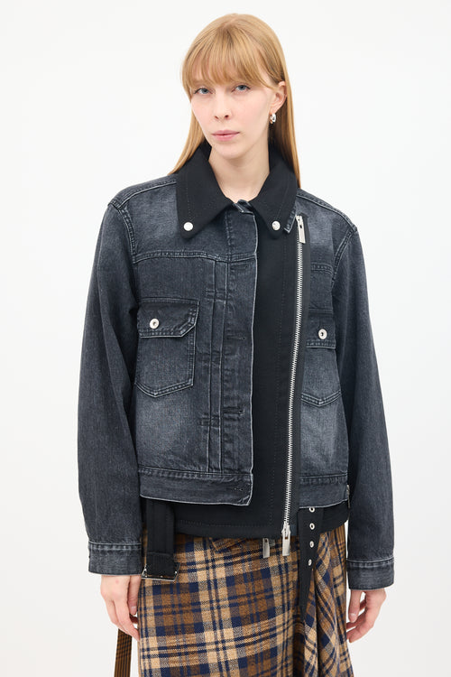 Sacai Black Cotton & Wool Layered Moto Denim Jacket