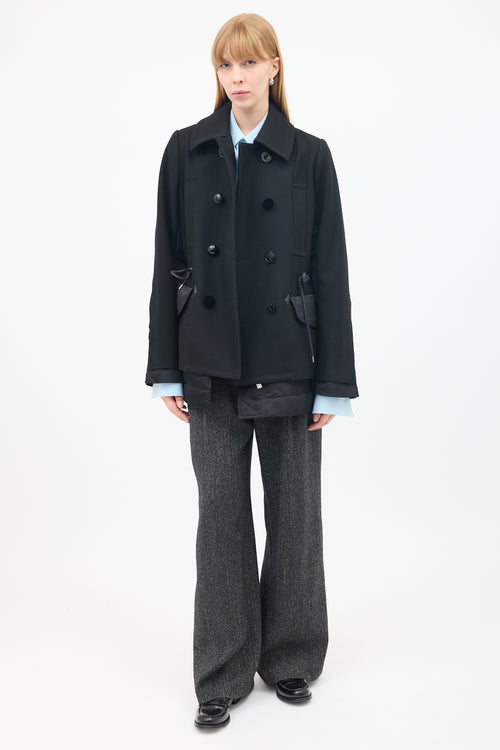 Sacai Black Wool & Nylon Drawstring Waist Pea Coat