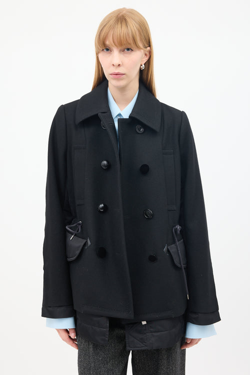 Sacai Black Wool & Nylon Drawstring Waist Pea Coat