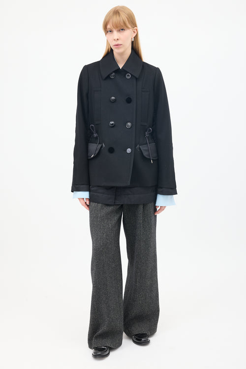 Sacai Black Wool & Nylon Drawstring Waist Pea Coat