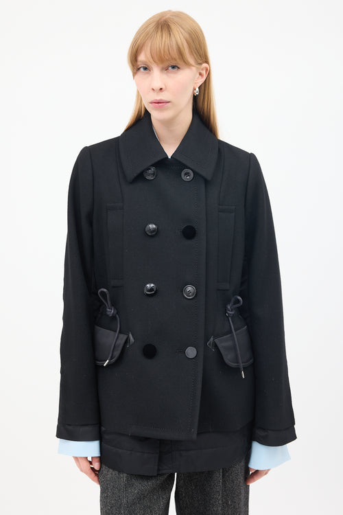 Sacai Black Wool & Nylon Drawstring Waist Pea Coat