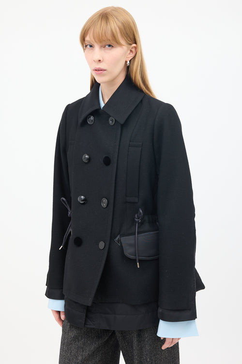 Sacai Black Wool & Nylon Drawstring Waist Pea Coat